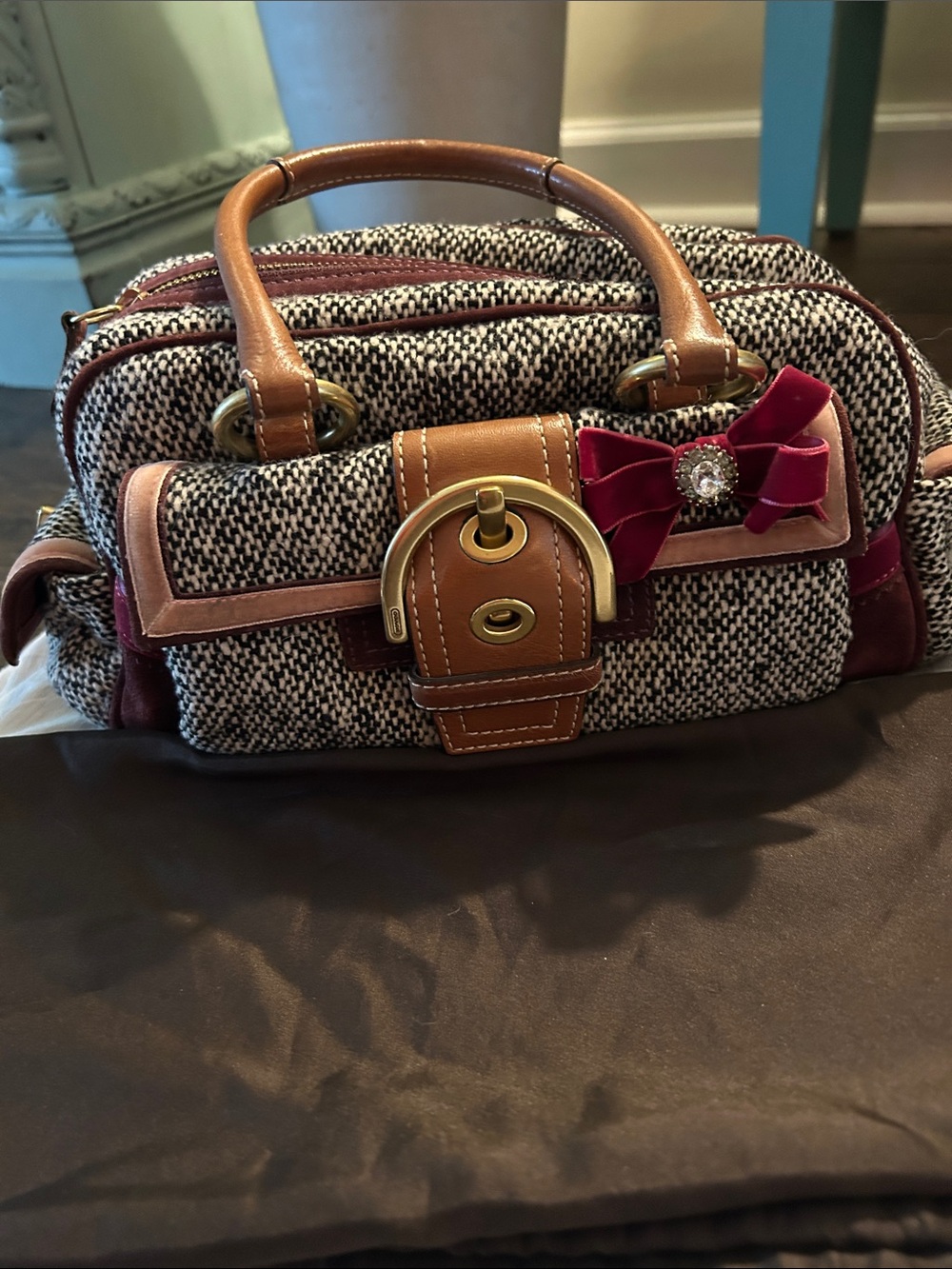 Vintage Coach Tweed Satchel Bag with bow
